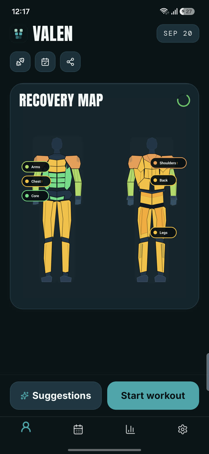 Valen recovery map showing front and back body with muscle recovery states