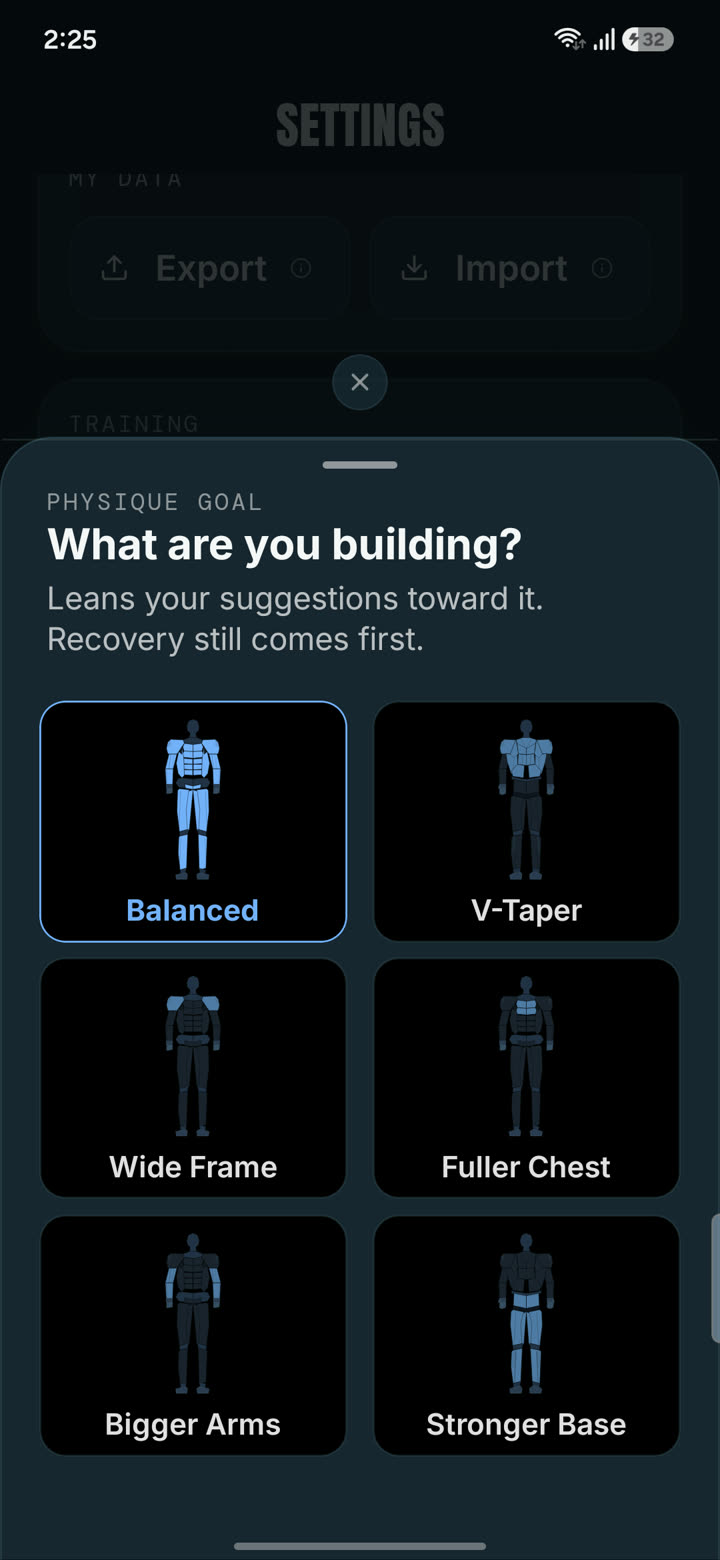 Valen physique goal picker with Balanced, V-Taper, Wide Frame, Fuller Chest, Bigger Arms and Stronger Base