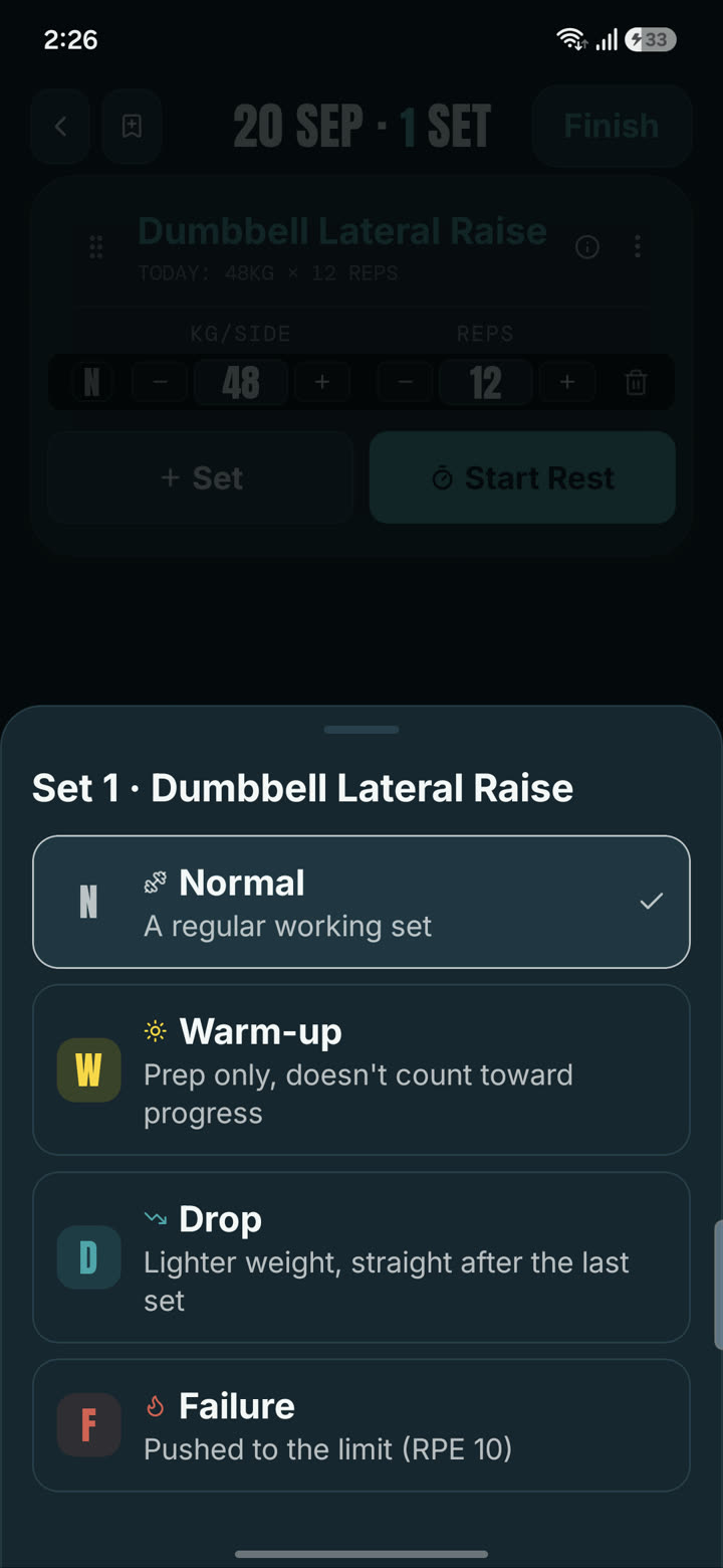 Valen set type picker with normal, warm-up, drop and failure