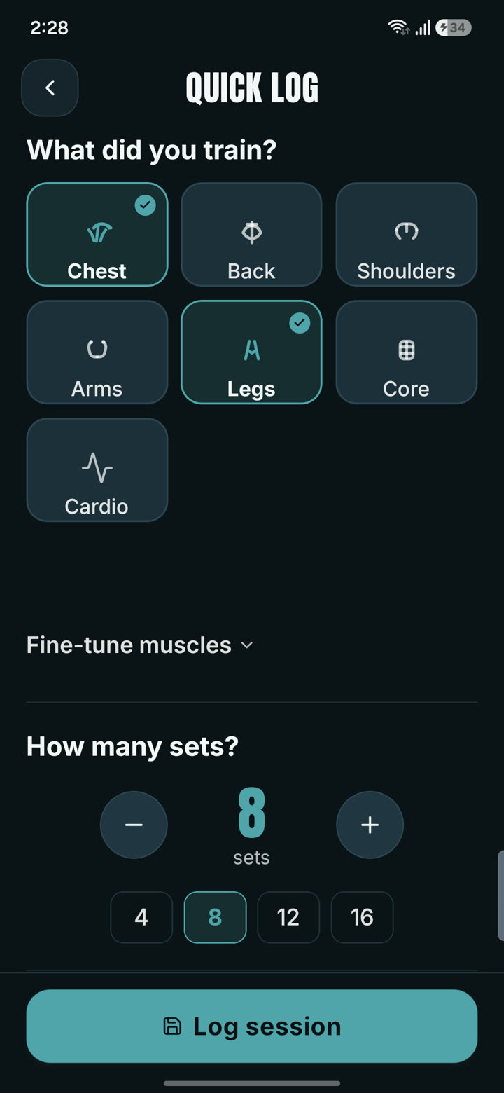 Valen Quick Log with muscle groups and a set count