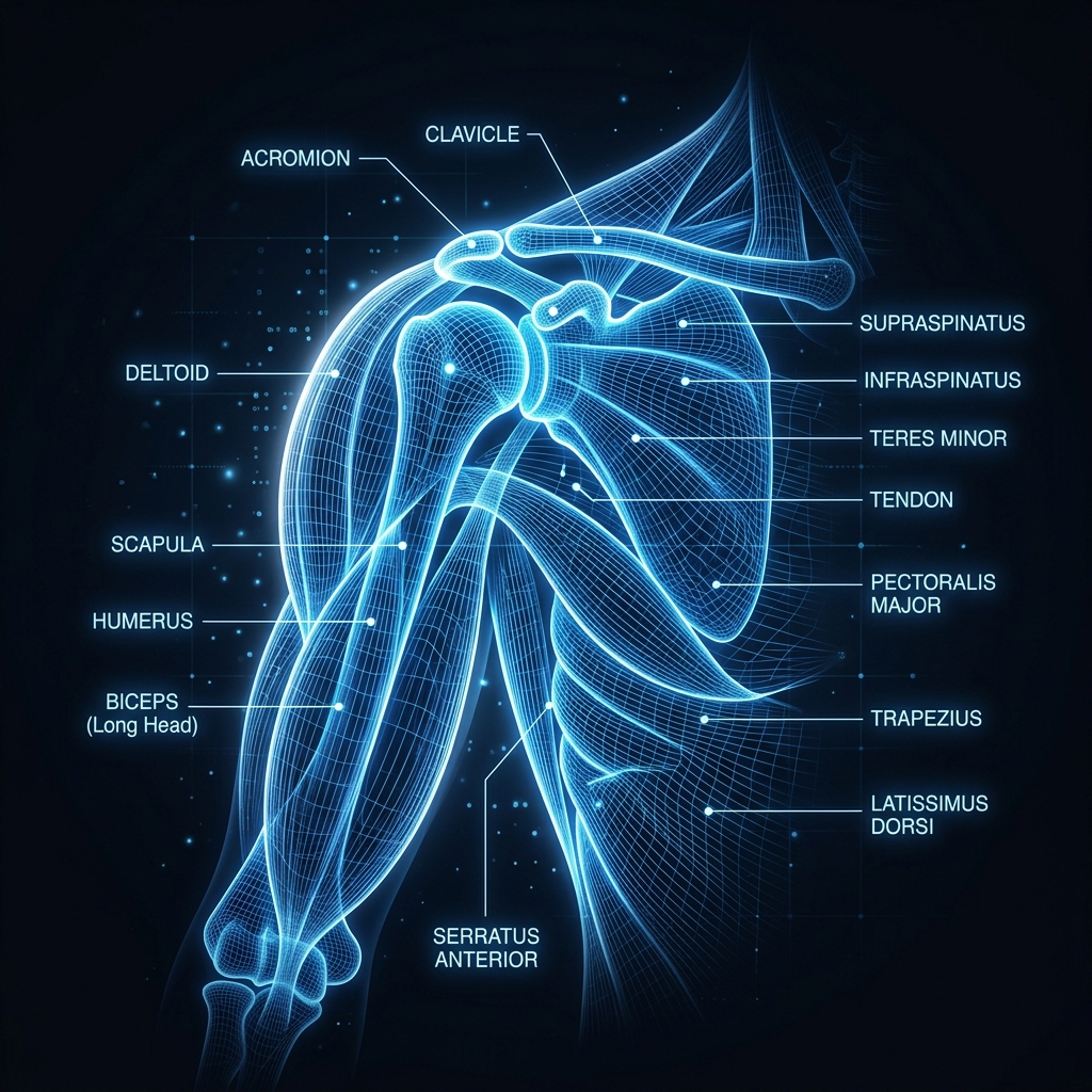 Glowing shoulder anatomy wireframe